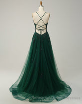 A-Line Tulle Spaghetti Straps Appliques Long Semi Formal Prom Dress with Alit